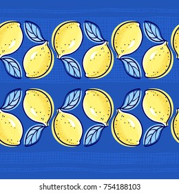 Seamless horizontal border with stylized lemons. Hand drawn vector Illustration