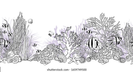Seamless horizontal border with underwater scenery and tropical fishes. Hand drawn vector illustration isolated on white background.