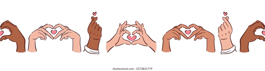 Seamless Horizontal border for Valentines Day hand gestures. Finger Heart. gesture depicting love. Vector illustration in sketch style. For posters, cards, website, banners, design.