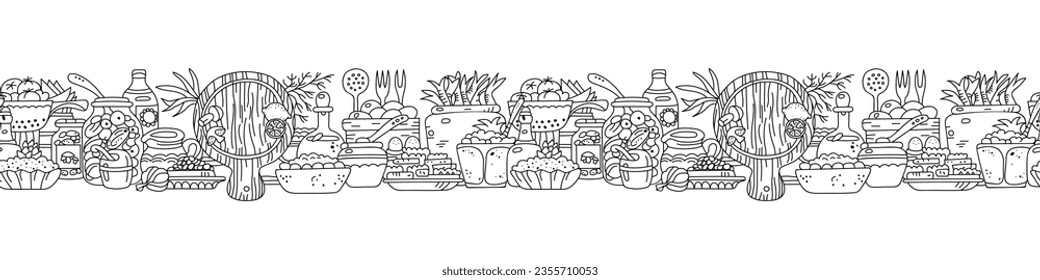 Seamless horizontal border with variety of food and kitchen utensils. Vector illustration for restaurant menu or cookbook. Transparent background.