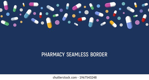 Seamless horizontal border vector pattern with colored pills, tablets, isolated on dark blue background. Medical preparations. Color illustration.