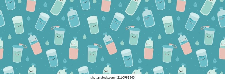 Seamless horizontal border, web baner with cute happy funny bottles and glasses. vector cartoon kawaii character water. Drink more water every day concept.