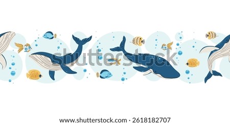 Seamless Horizontal Border with whales, tropical fish and Bubbles. Underwater Ocean Pattern for Scrapbooking, Website Headers and Print Design. Repeatable Vector Illustration.