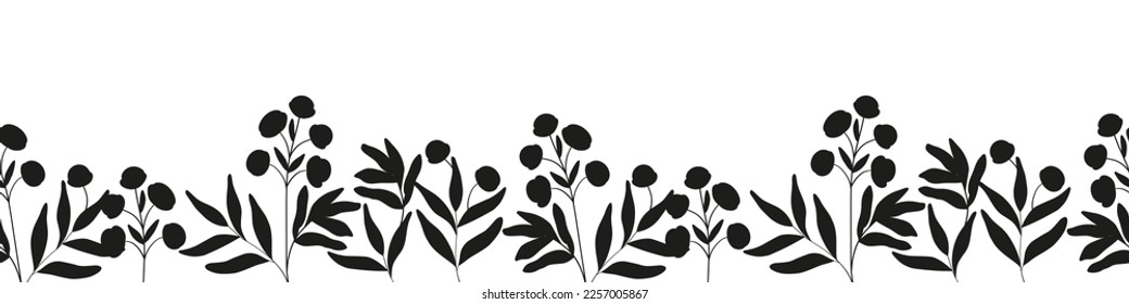 Seamless horizontal border of wild medicinal flowers. Black silhouettes of tansy botanical elements.