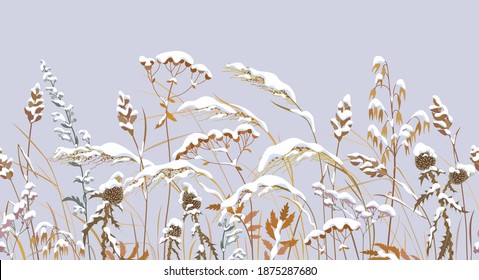 Seamless horizontal border with winter snow covered meadow plants. Wild herbs, cereals under the snow on gray background. Winter scenery pattern with simple dried grass in row vector flat illustration