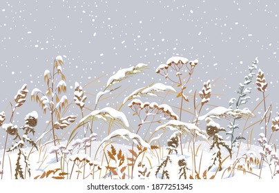 Seamless horizontal border with winter snow covered meadow plants. Wild herbs and cereals under snow on gray background. Winter scenery pattern with simple dried grass in snowfall vector illustration.