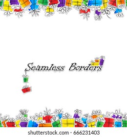Seamless horizontal borders with bright and funny gift boxes stickers in rainbow colors on white background. Vector illustration.