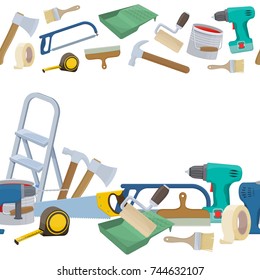 Seamless horizontal borders of building repair tools, cartoon illustration of repair tools. Vector