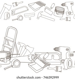 Seamless horizontal borders of building repair tools, line cartoon illustration of repair tools. Vector