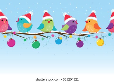 Seamless horizontal borders of cheerful Birds and Christmas decorations.