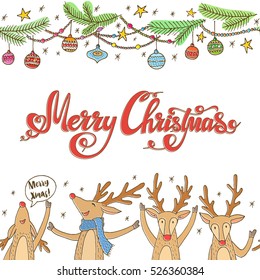 Seamless horizontal borders of cheerful Christmas Reindeer and decoration. Merry Christmas - hand lettering. Vector.