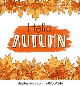 Seamless horizontal borders with colorful skeleton autumn leaves, hello autumn. Vector