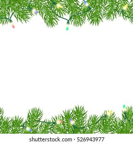 Seamless horizontal borders with glowing electric festive garlands, powdered with snow and delicate snowflakes on a white background. Christmas pattern. Isolated. Vector illustration.