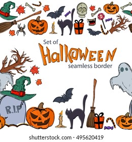 Seamless horizontal borders of Halloween icons on a white background. Vector stock illustration.