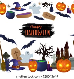 Seamless horizontal borders of Halloween icons for decoration. Colorful scary Halloween illustration. Vector