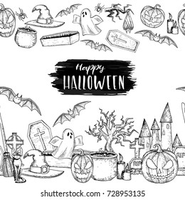Seamless horizontal borders of  Halloween icons for decoration. Scary Halloween sketch illustration. Vector