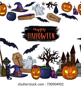 Seamless horizontal borders of Halloween icons for decoration. Colorful scary Halloween sketch illustration. Vector