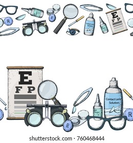 Seamless horizontal borders of medical optometry accessory for correct vision - contact lens,  solution, lens case eye test chart, glasses. Vector
