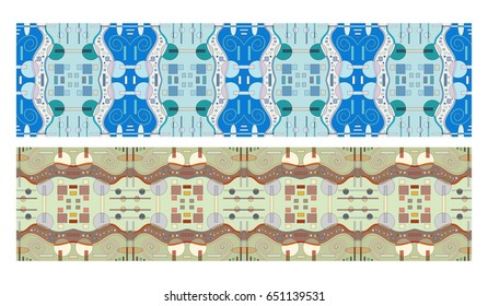 Seamless horizontal borders with repeating abstract texture. Geometric colorful seamless patterns collection for banners, greeting cards, birthday invitations. Ethnic arabic, indian, turkish ornament