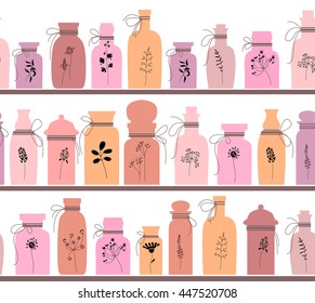 Seamless horizontal borders with small vintage bottles. For your design