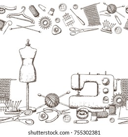 Seamless horizontal borders of tools for needlework and sewing. Handmade equipment and needlework accessoriesy, sketch illustration. Vector
