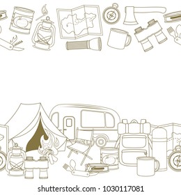 Seamless horizontal borders of travel equipment. Accessories for camping and camps. Line icons of camping and tourism equipment. Vector