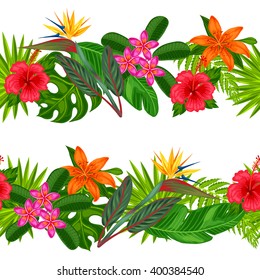 Seamless horizontal borders with tropical plants, leaves and flowers. Background made without clipping mask. Easy to use for backdrop, textile, wrapping paper.
