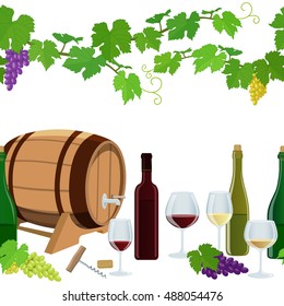 Seamless horizontal borders of wine icons on a white background. Vector stock illustration.