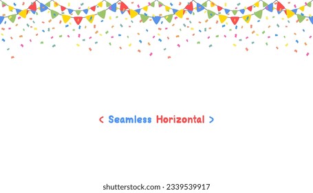 Seamless Horizontal Celebrate Colorful flag garlands with confetti party isolated on white background. Birthday, Christmas, anniversary, and festival concepts. Vector illustration flat cartoon design.