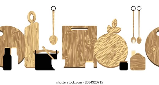 Seamless horizontal chef pattern with cutting board and utensils. Set of wooden kitchen utensils with jar, spoon, fork and saucepan isolated on white background. Culinary scandi trending background.