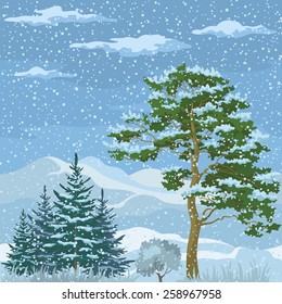 Seamless Horizontal Christmas Background, Winter Mountain Landscape with Pine Trees, Firs, Green Grass and Blue Sky with Snow and Clouds. Vector 