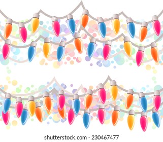 Frontera navideña horizontal sin inconvenientes. Garland festivo con pequeñas bombillas. Textura sin fin. Ilustración vectorial.