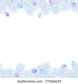 Seamless horizontal Christmas borders made of light blue spruce twigs and a glowing colored festive garland sprinkled with snow drawn by hand. Snow can be removed
