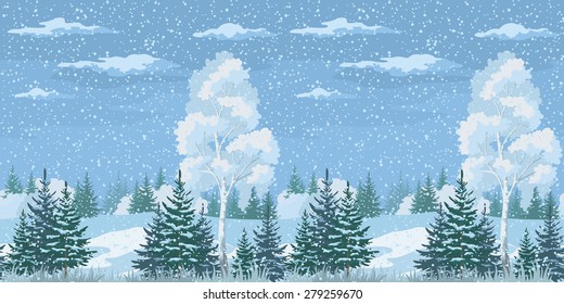 Seamless Horizontal Christmas Winter Forest Landscape with Birch, Firs Trees and Sky with Snow and Clouds. Vector