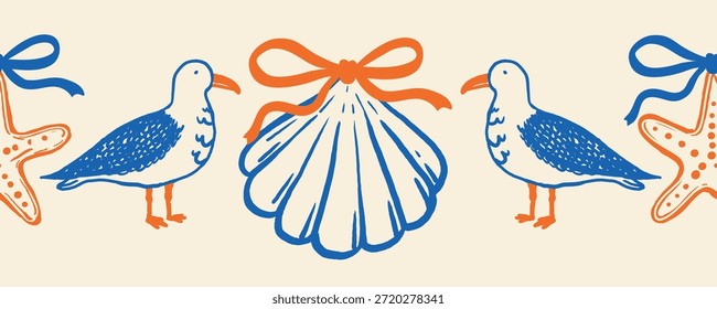 Frontera costera Horizontal sin fisuras con gaviotas azules estilizadas, estrellas de mar naranjas y conchas marinas Grandes con cintas sobre un fondo claro. Ideal para embalajes con temática de playa y decoraciones de verano.