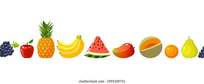 Seamless horizontal composition of colorful cartoon fruits, template element for packaging design. Vector illustration flat isolated icon border set on white background.