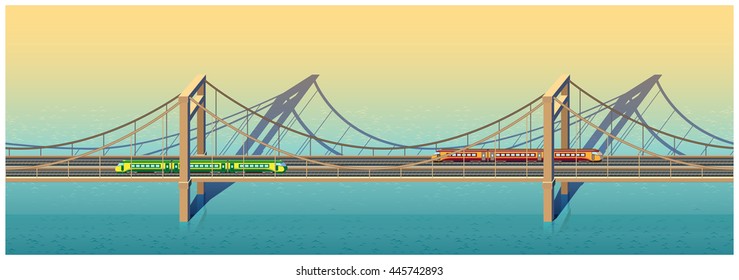 seamless horizontal composition illustrated large railway cable-stayed with two trains on it on a sunny day