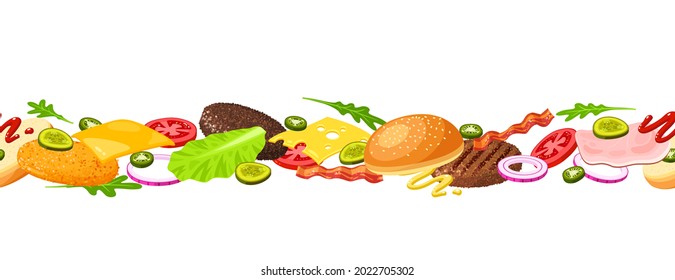 Seamless horizontal composition of ingredients for burger and sandwich . Sliced veggies, bun, cutlet, sauce. Vector illustration cartoon flat icon collection isolated on white