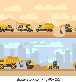 Seamless horizontal construction backgrounds with construction equipment machines cranes tractor trucks flat icons. Vector illustration