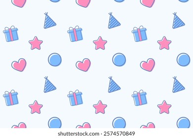 Seamless Horizontal Cute Icon Set of Valentine Hearts, Gift Boxes, Stars, and Party Hats. Perfect for Birthday Posters, Scrapbooks, Textiles, Wrapping Paper, Greeting Cards, and Kids' Designs.