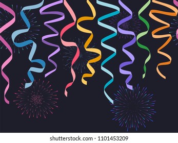 Seamless horizontal decorative serpentines with fireworks on dark background, vector colorful ribbons and celebration salute for footer and banner
