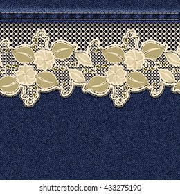 Seamless horizontal denim background with lace floral tape. Vector illustration.