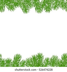 Seamless horizontal different borders of green spruce branches, covered with snow and snowflakes. Christmas festive background. Hand drawn vector illustration.