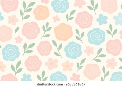A seamless horizontal digital illustration pattern featuring pastel roses in soft, cute colors, perfect for backgrounds, stationery, and decorative designs.