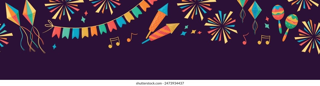 Seamless horizontal Festa Junina celebration border with garland, firework, maracas, music signs on dark background. For digital paper, cards, banner. Traditional Celebration Festa Junina background