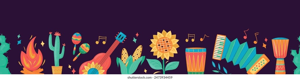 Seamless horizontal Festa Junina celebration border with drum. guitar, sunflower, corn, cactus on dark background. For digital paper, cards, banner. Traditional Celebration Festa Junina background