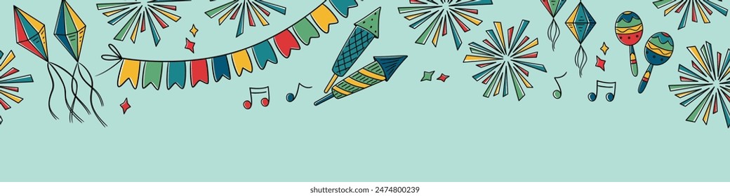 Seamless horizontal Festa Junina celebration border with garland, firework, maracas, music signs in doodle style. For digital paper, cards, banner. Traditional Celebration Festa Junina background