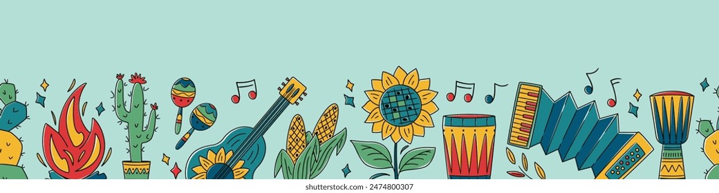 Seamless horizontal Festa Junina celebration border with drum. guitar, sunflower, corn, cactus. For digital paper, cards, banner. Traditional Celebration Festa Junina background