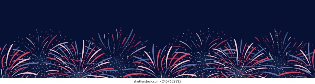 Seamless horizontal Fireworks background in red, blue and white colours for US Independence Day, Bastille Day, 4th of July. Vector seamless border on dark background. For digital paper, cards, banner