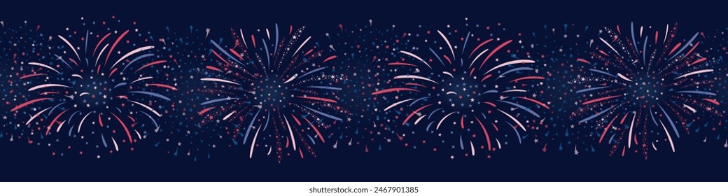 Seamless horizontal Fireworks background in red, blue and white colours for US Independence Day, Bastille Day, 4th of July. Vector seamless border on dark background. For digital paper, cards, banner